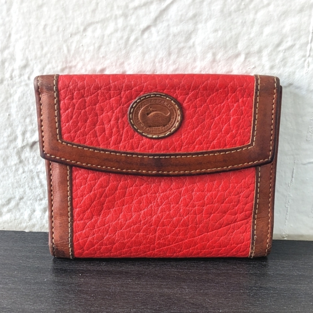Dooney & Bourke Vintage Red and Tan Pebble Leather Slim Card Wallet with Snap